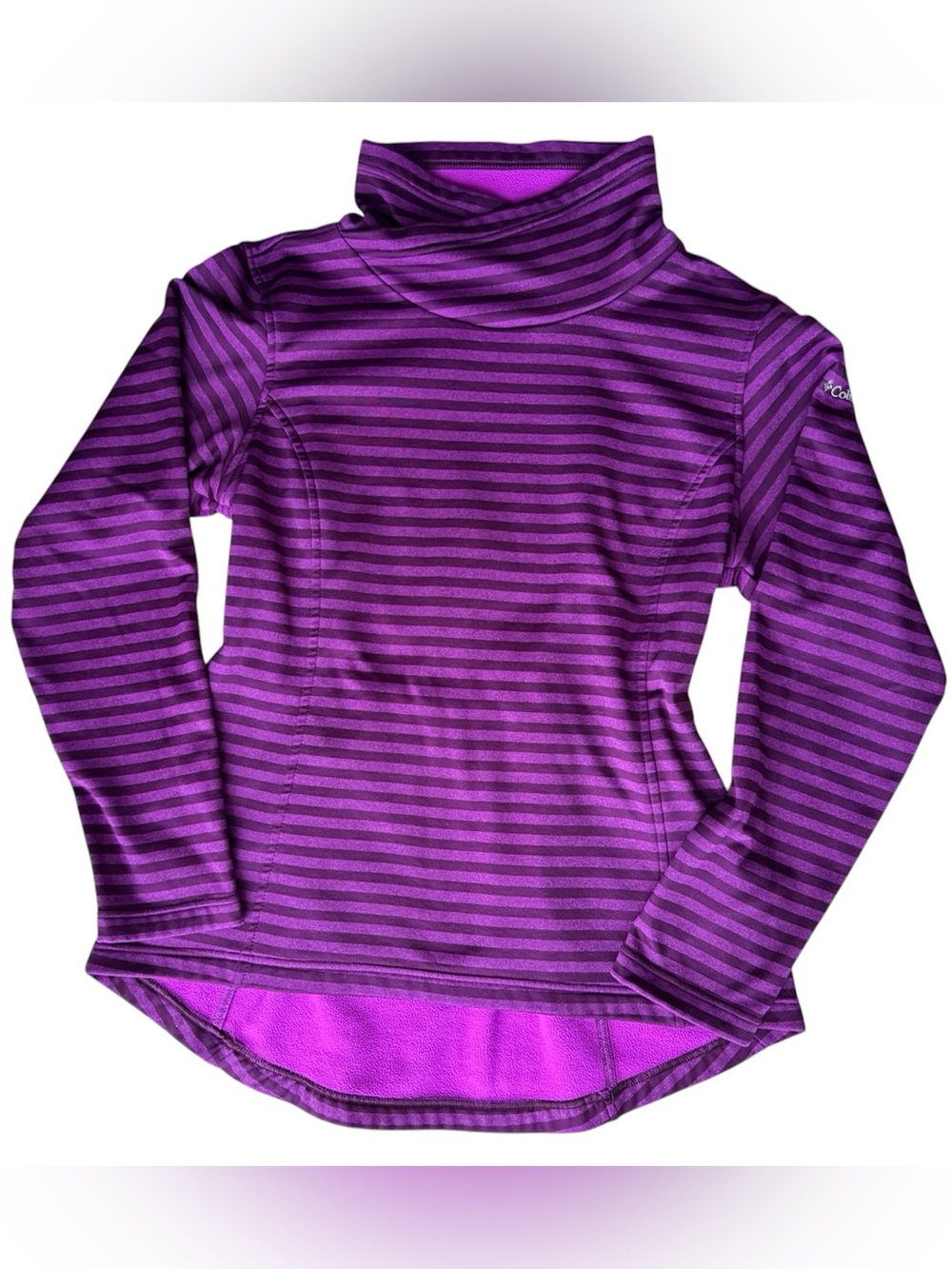 Columbia Womens Purple Striped Fleece Cowl Neck Pullover Sweater L Cinch Back